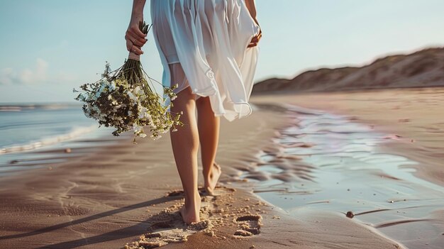 Bouquet de casamento nas mãos da noiva na praia