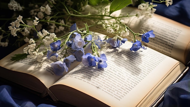 Foto bouquet de flores azuis em um livro em close-up