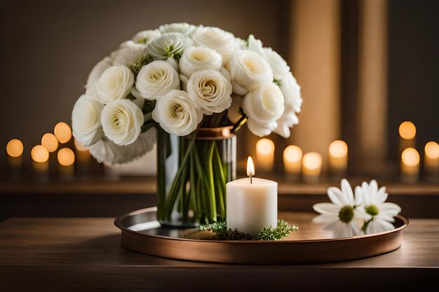 Bouquet de flores brancas em um vaso velas em bandeja de cobre vintage decoração de casa de casamento em uma mesa