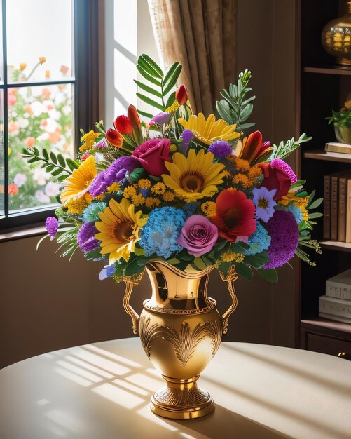 Foto bouquet de flores coloridas com vaso de ouro