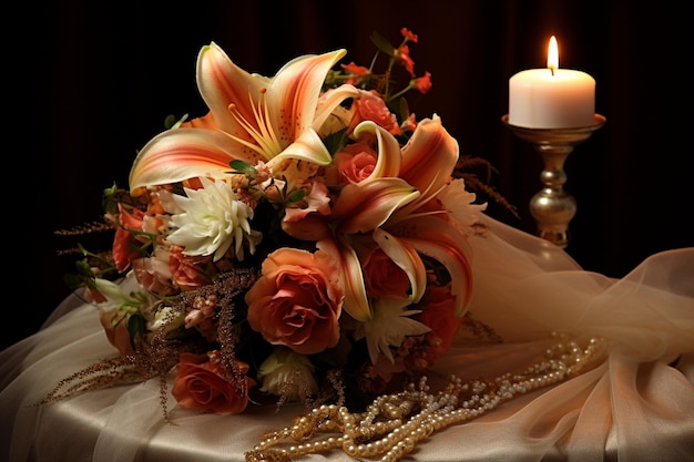 Bouquet de flores de casamento e vela em chamas