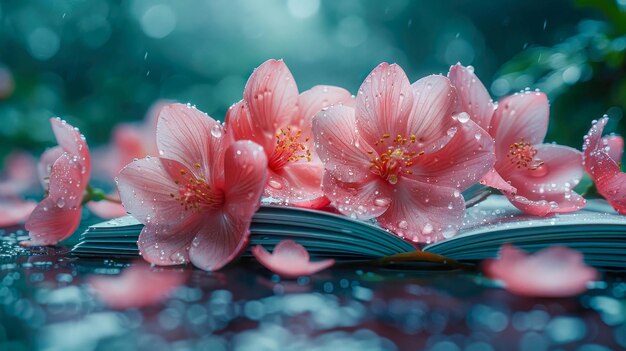 Bouquet de flores de cerejeira e livro aberto em fundo azul