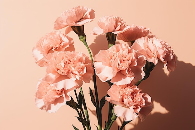 Foto bouquet de flores de cravos rosa em fundo castanho