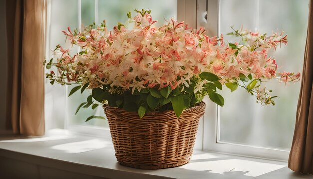 Bouquet de flores de madrugada em cesta de vime perto da janela