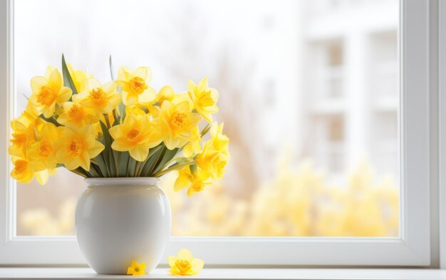 Foto bouquet de flores de narcisos amarelos em um vaso no peitoral branco