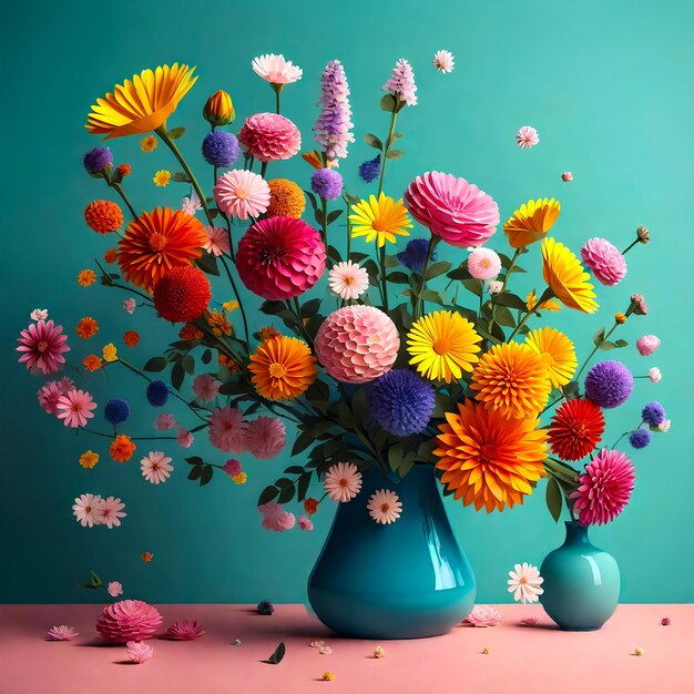 Foto bouquet de flores de papel colorido em um vaso decorativo em um fundo verde