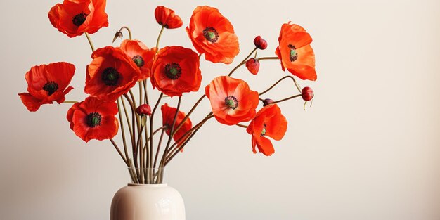 Bouquet de flores de papoula vermelha em um vaso branco em um fundo claro AI gerador