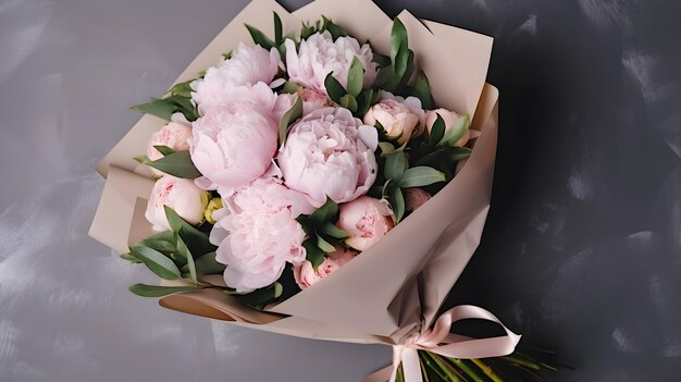 Bouquet de flores de peônia embrulhado em papel de artesanato rosas de peônia rosa com botões em foto de mesa de concreto