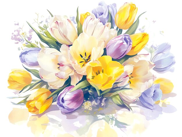 Foto bouquet de flores de primavera e tulipas em aquarela em fundo branco