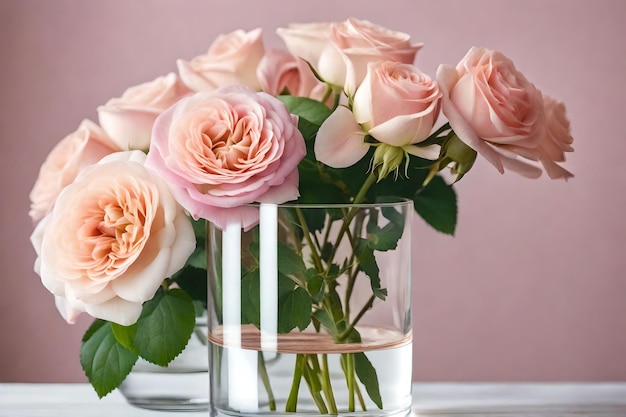 Bouquet de flores de rosa pálida em um vaso de vidro fotorrealista