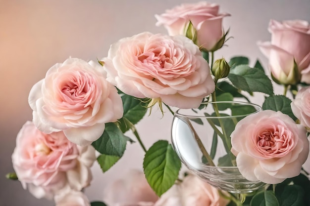 Bouquet de flores de rosa pálida em um vaso de vidro fotorrealista