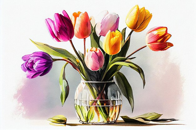 Bouquet de flores de tulipa coloridas em uma ilustração de aquarela de fundo claro