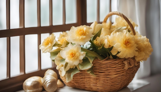 Bouquet de flores douradas em cesta de vime perto da janela