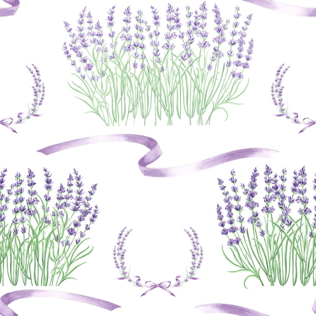 Bouquet de flores e fitas roxas com padrão sem costura de lavanda, aquarela, ilustração desenhada à mão