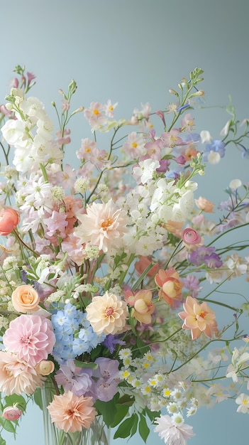 Bouquet de flores em vaso com fundo azul.