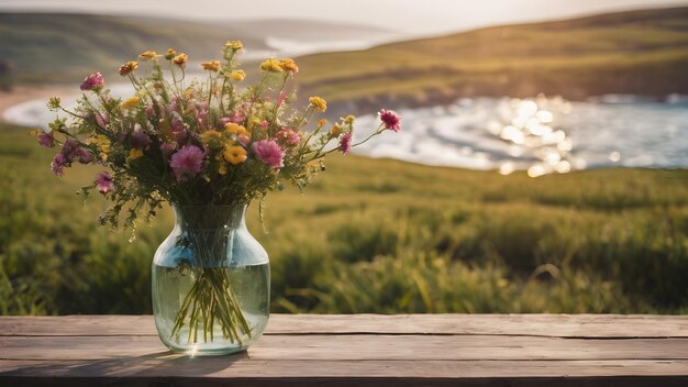 Bouquet de flores em vaso em tábuas de madeira com um fundo de paisagem natural imagem gerada por IA ai