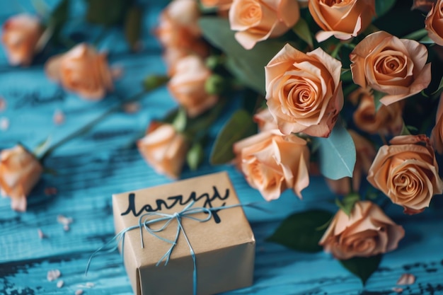 Bouquet de flores estabilizado com caixa de presente e nota de agradecimento