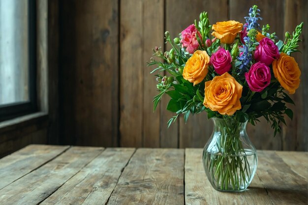 Foto bouquet de flores frescas em uma mesa de madeira dentro de casa