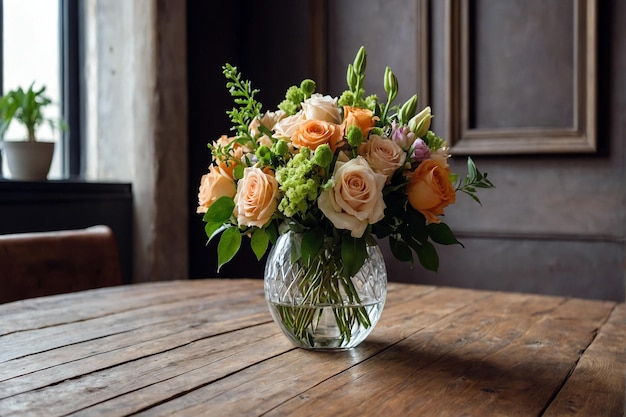 Foto bouquet de flores frescas em uma mesa de madeira dentro de casa