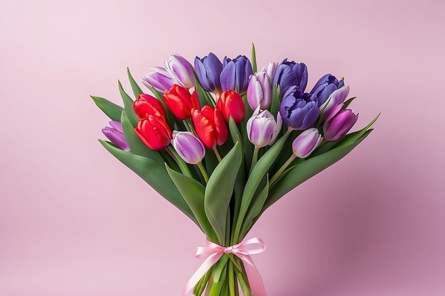 Foto bouquet de flores frescas regalo de férias para um amado fundo dia de são valentim rosa tulipa íris arranjo de flores