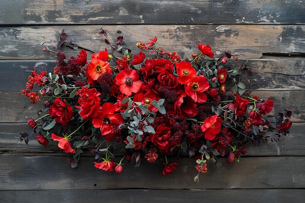 Bouquet de flores vermelhas em um fundo de madeira Vista superior