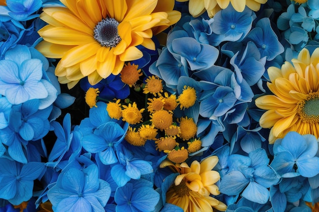 Bouquet de hortênsias azuis e asteres amarelos com fundo de flor