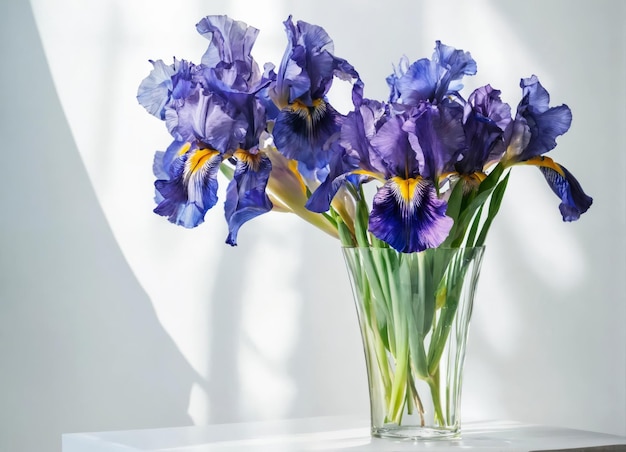 Bouquet de íris de primavera em um vaso transparente