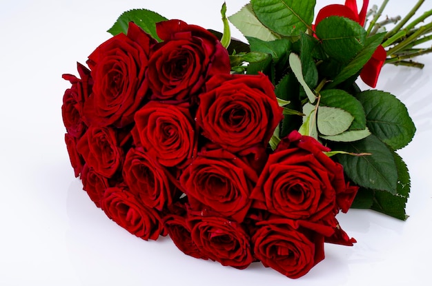 Bouquet de lindas rosas amarradas com fita vermelha. Foto do estúdio.