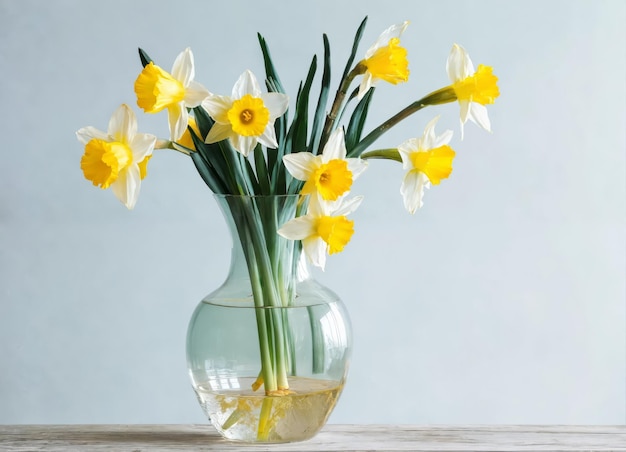 Bouquet de narcisos em um vaso transparente