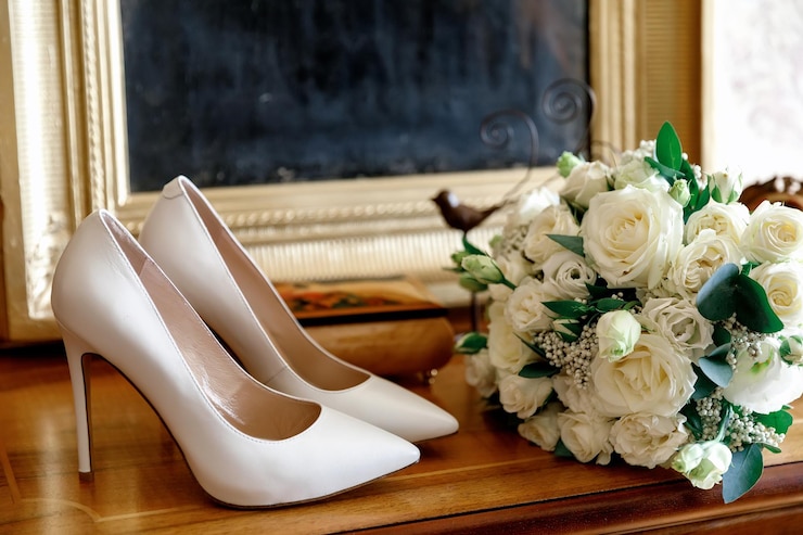 Foto bouquet de noivas de rosas brancas no fundo dos sapatos bege das noivas