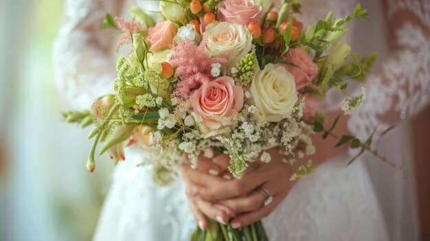 bouquet de noivas mantido em mãos amorosas