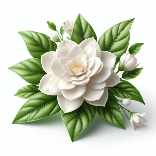 Foto bouquet de planta de flor de jasmim gardenia cape com folhas isoladas em fundo branco renderização 3d