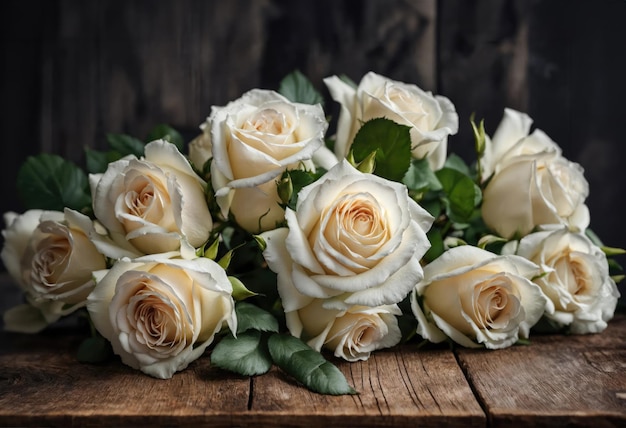 Bouquet de rosas brancas em fundo de madeira