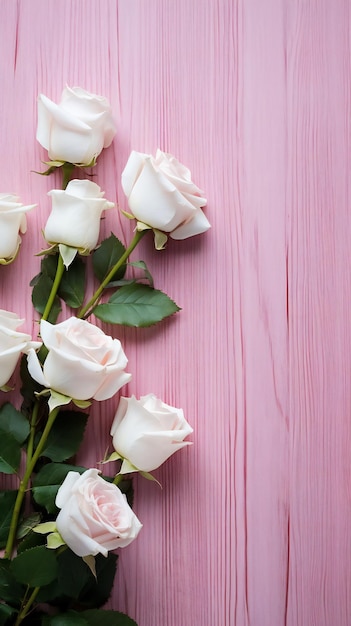 Bouquet de rosas brancas em madeira rosa