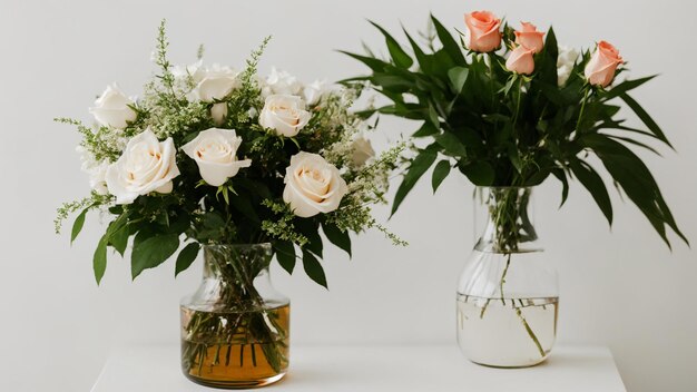 Foto bouquet de rosas brancas em vasos de vidro com água em uma mesa branca