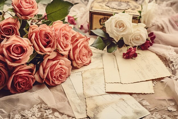 Bouquet de rosas com molduras de fotos de latão antigas