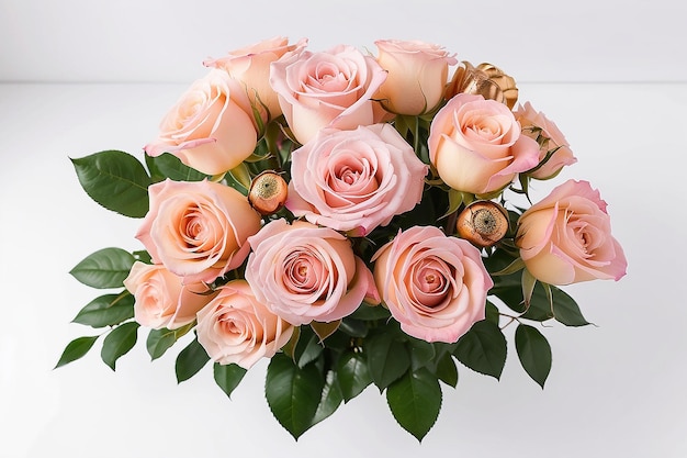 Bouquet de rosas em fundo branco flor rosa arranjo de ouro rosa