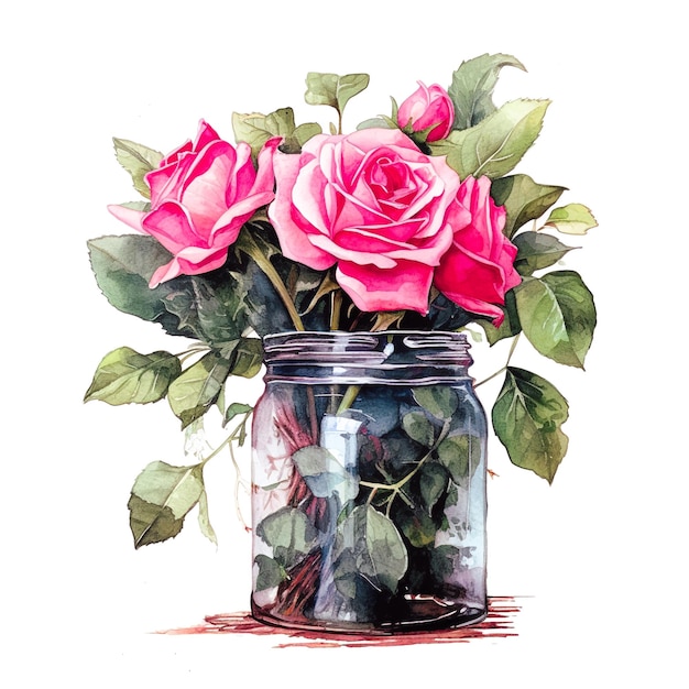 Bouquet de rosas em um frasco de vidro Ilustração a aquarela