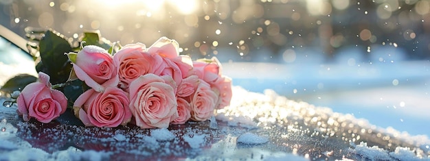 Foto bouquet de rosas rosas no capô do carro neve no fundo