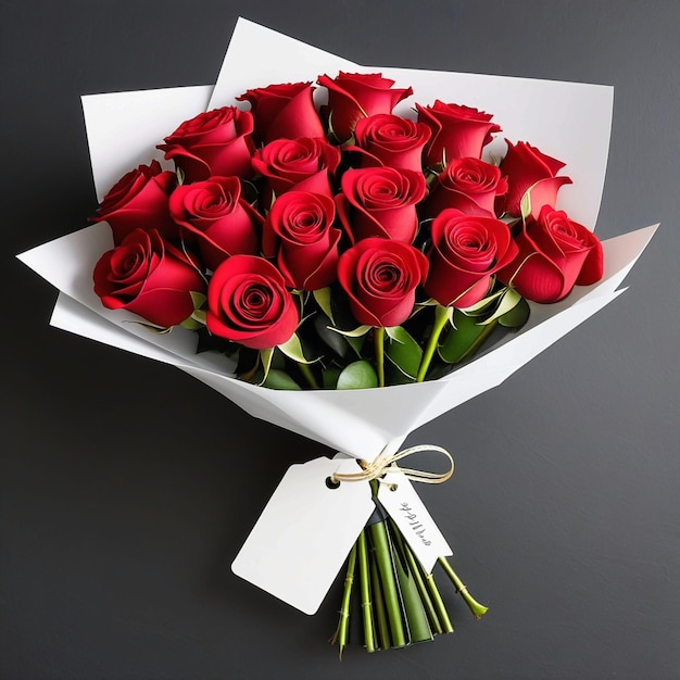 Bouquet de rosas vermelhas com etiqueta de presente