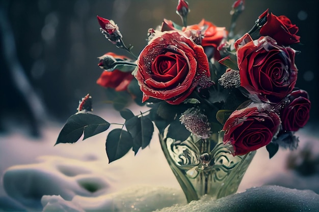 Bouquet de rosas vermelhas e neve icegenerative ai