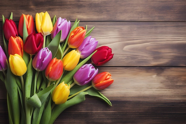 Bouquet de tulipas amarelas e um relógio retro em um fundo de madeira brilhante