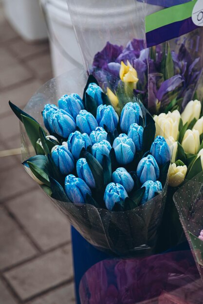 Bouquet de tulipas azuis em um saco de plástico vendendo flores na rua