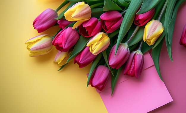 Bouquet de tulipas de primavera com nota colorida em fundo de madeira rústica