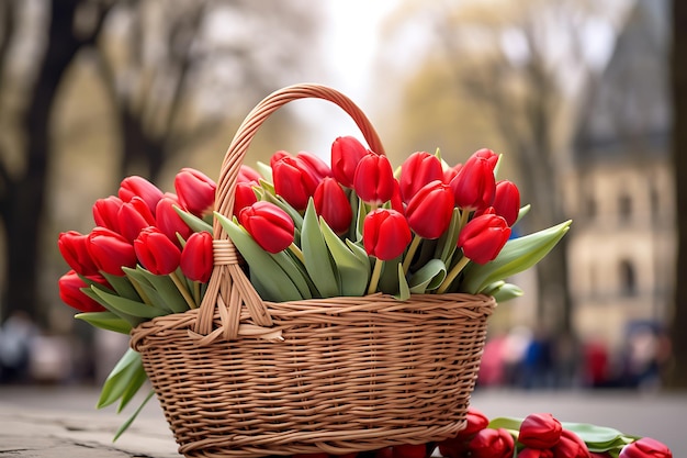 Bouquet de tulipas em cestas no mercado de rua