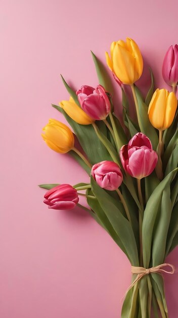 Bouquet de tulipas em fundo rosa com copyspace