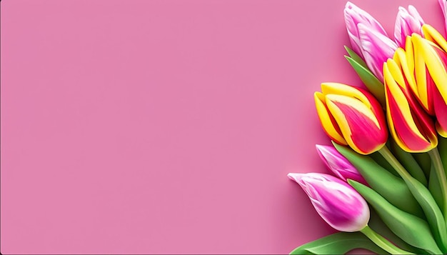Bouquet de tulipas em fundo rosa com espaço de cópia