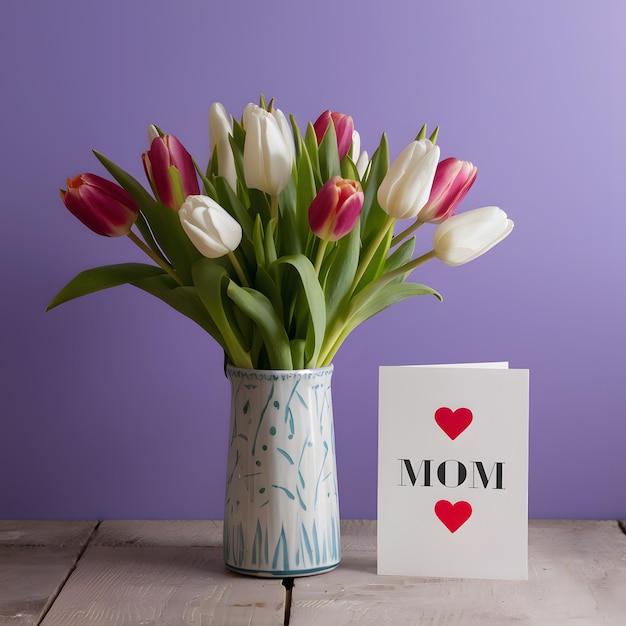 Bouquet de tulipas em vaso com cartão I Love Mom Para Social Media Post Size