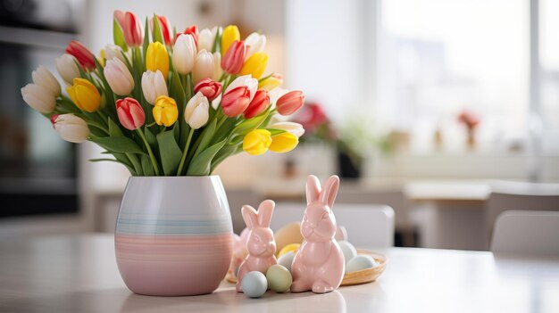 Bouquet de tulipas estatueta de coelho de Páscoa e ovos na mesa da cozinha