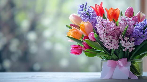 Bouquet de tulipas frescas e jacintos em vaso perto da janela com cartão vazio em branco